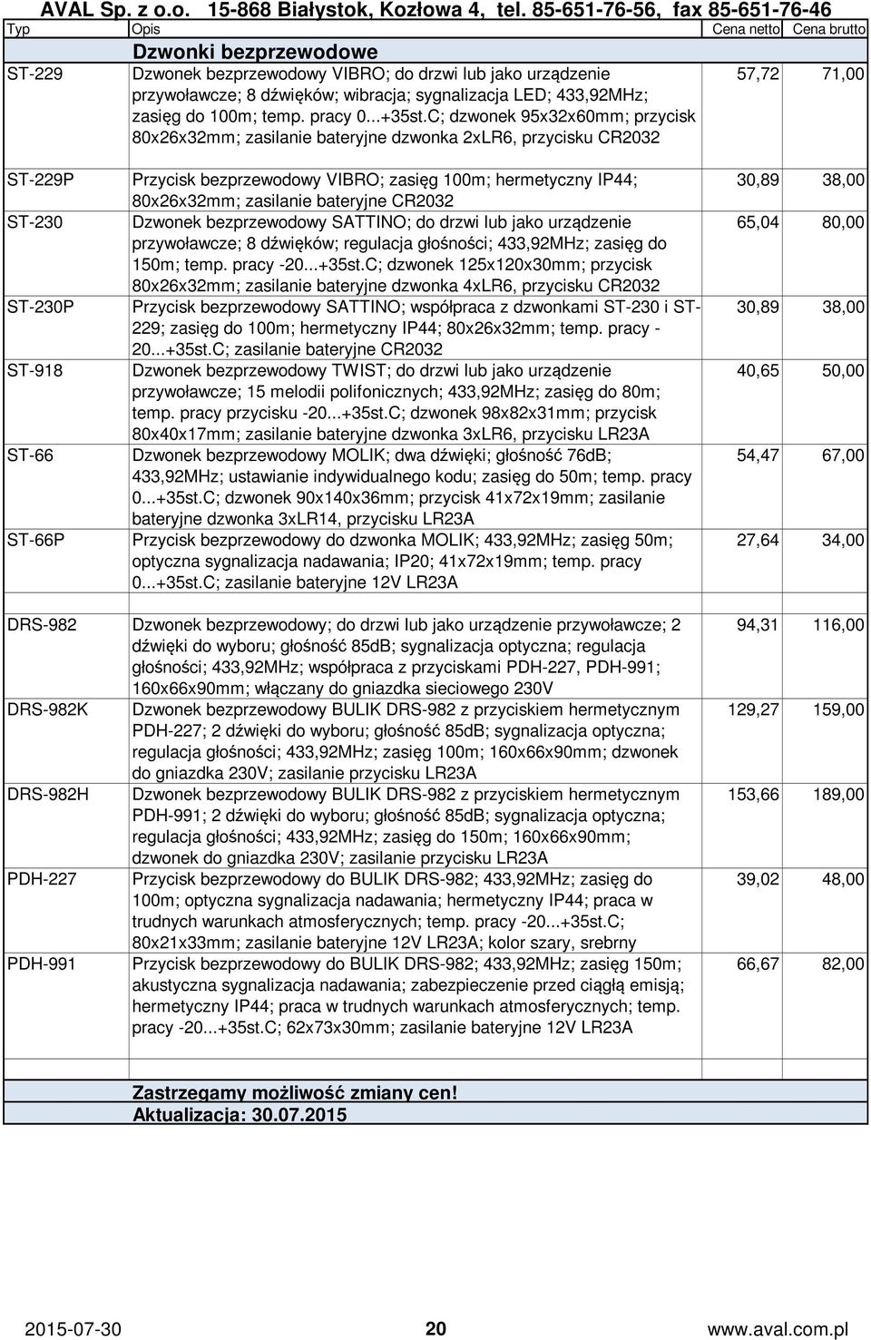 bateryjne CR2032 ST-230 Dzwonek bezprzewodowy SATTINO; do drzwi lub jako urządzenie przywoławcze; 8 dźwięków; regulacja głośności; 433,92MHz; zasięg do 150m; temp. pracy -20...+35st.