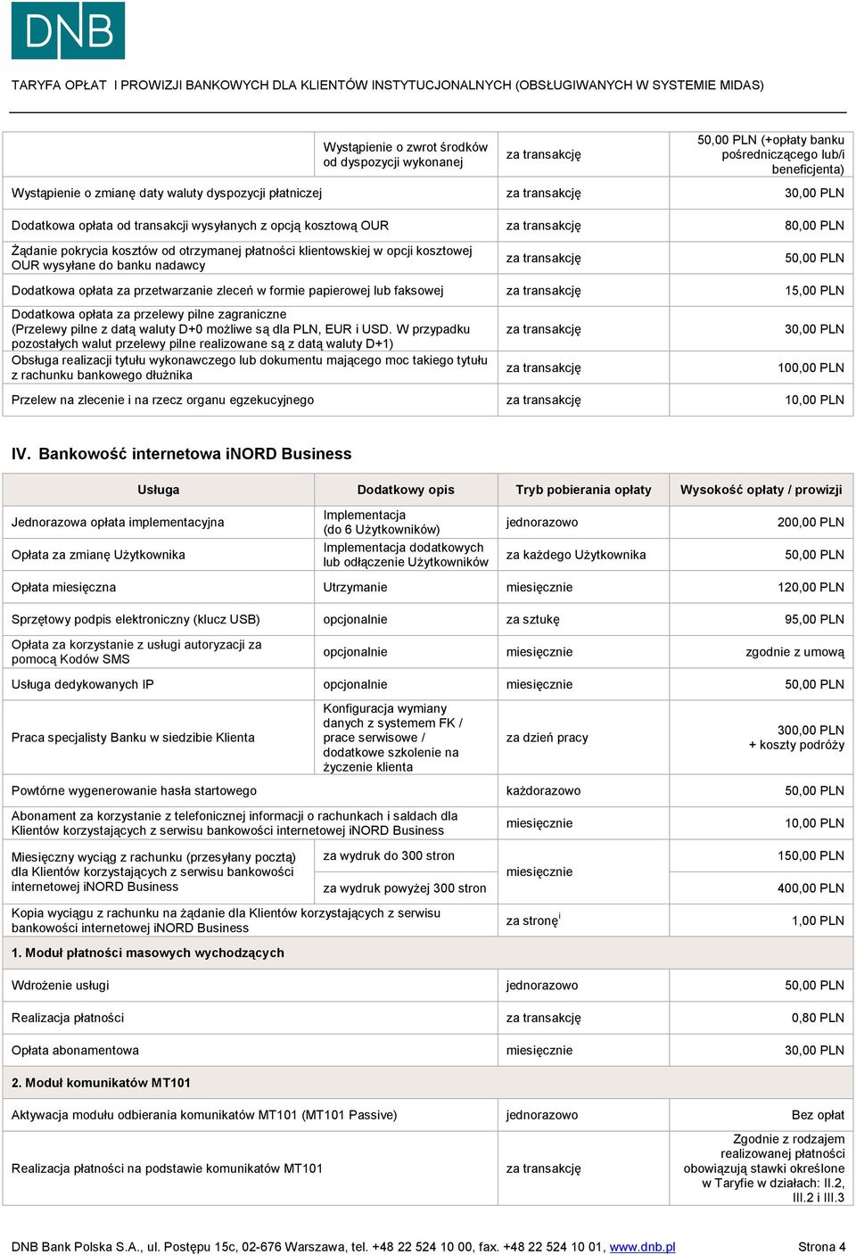 formie papierowej lub faksowej 15,00 PLN Dodatkowa opłata za przelewy pilne zagraniczne (Przelewy pilne z datą waluty D+0 możliwe są dla PLN, EUR i USD.