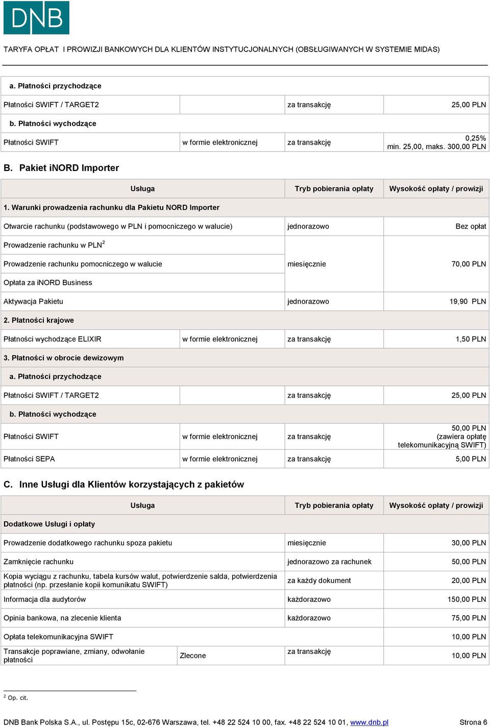 pomocniczego w walucie Opłata za inord Business miesięcznie 70,00 PLN Aktywacja Pakietu jednorazowo 19,90 PLN 2. Płatności krajowe Płatności wychodzące ELIXIR w formie elektronicznej 1,50 PLN 3.