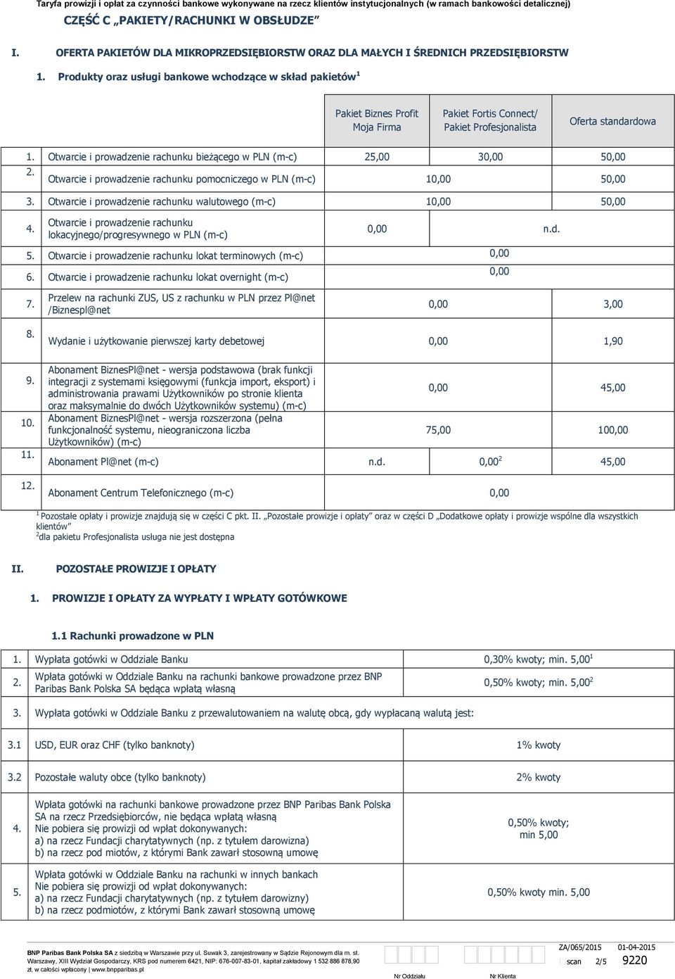 Pakiet Profesjonalista Oferta standardowa Otwarcie i prowadzenie rachunku bieżącego (m-c) 25,00 3 5 Otwarcie i prowadzenie rachunku pomocniczego (m-c) 1 5 Otwarcie i prowadzenie rachunku walutowego