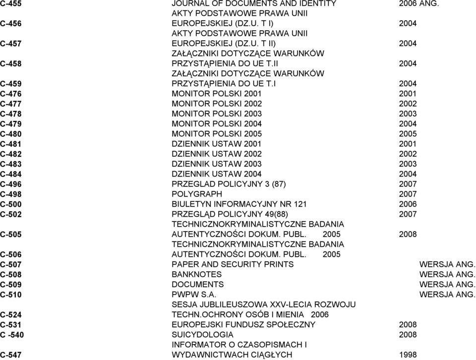 I 2004 C-476 MONITOR POLSKI 2001 2001 C-477 MONITOR POLSKI 2002 2002 C-478 MONITOR POLSKI 2003 2003 C-479 MONITOR POLSKI 2004 2004 C-480 MONITOR POLSKI 2005 2005 C-481 DZIENNIK USTAW 2001 2001 C-482