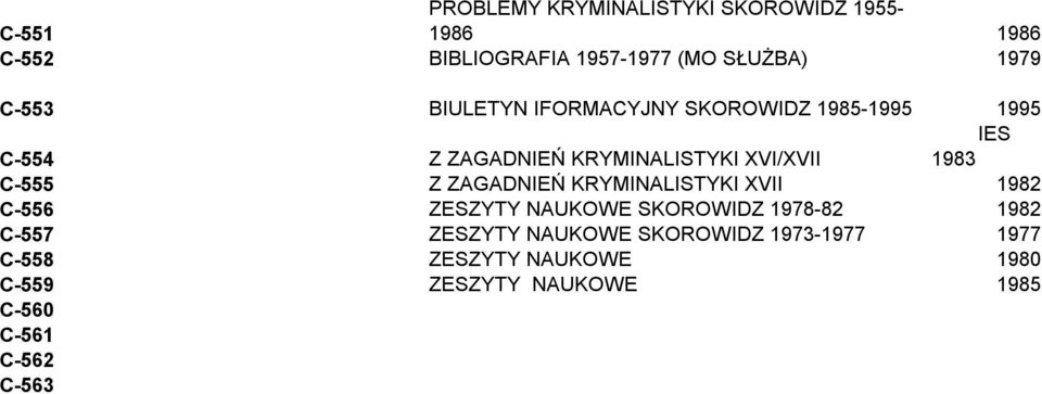 C-555 Z ZAGADNIEŃ KRYMINALISTYKI XVII 1982 C-556 ZESZYTY NAUKOWE SKOROWIDZ 1978-82 1982 C-557 ZESZYTY