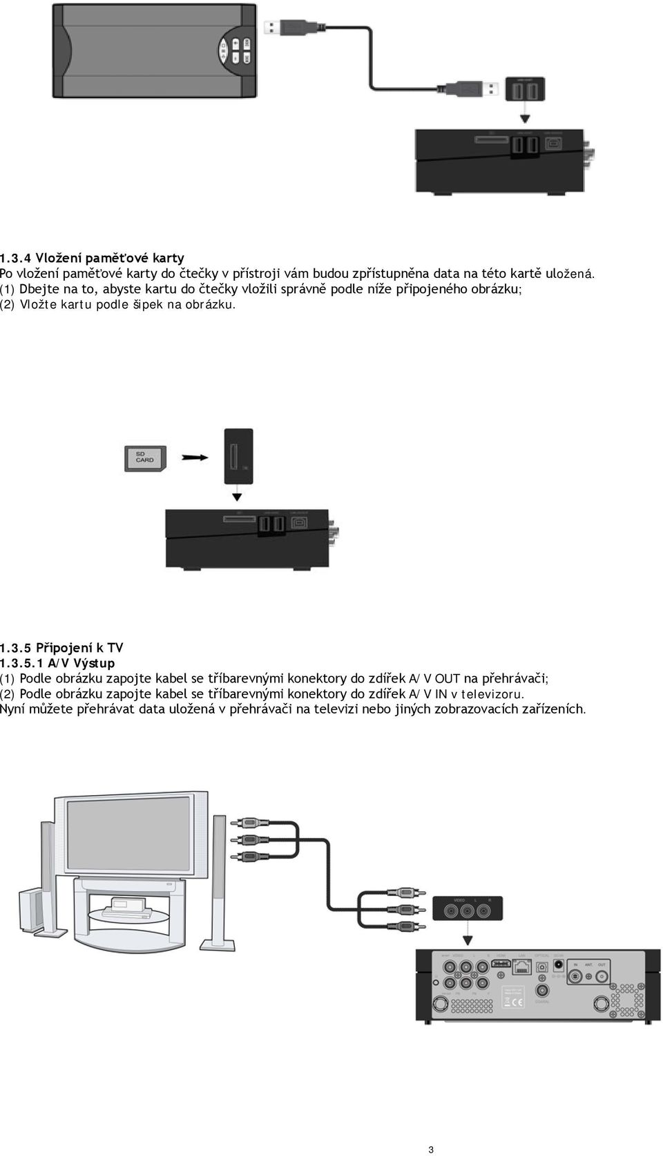 5 Připojení k TV 1.3.5.1 A/V Výstup (1) Podle obrázku zapojte kabel se tříbarevnými konektory do zdířek A/V OUT na přehrávači; (2) Podle obrázku