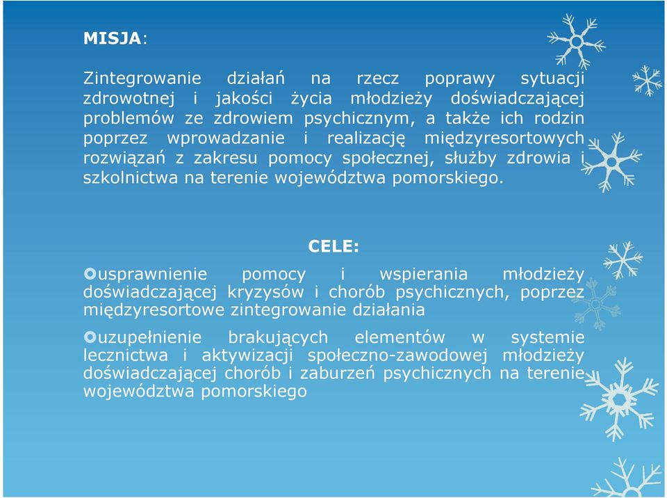 CELE: usprawnienie pomocy i wspierania młodzieży doświadczającej kryzysów i chorób psychicznych, poprzez międzyresortowe zintegrowanie działania uzupełnienie