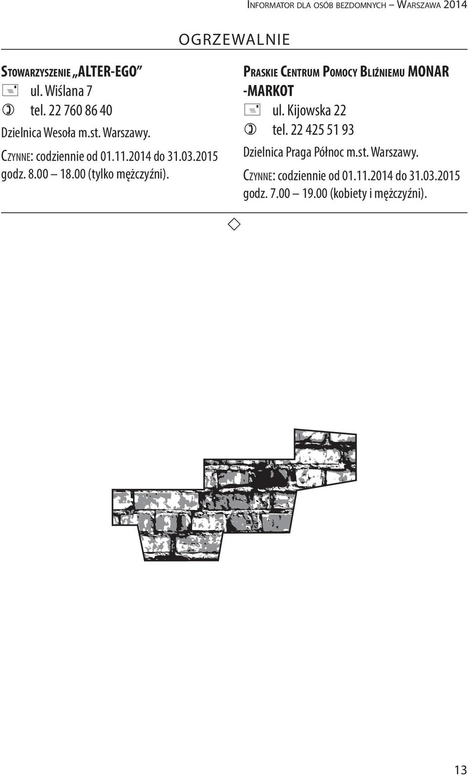 00 (tylko mężczyźni). Praskie Centrum Pomocy Bliźniemu MONAR -MARKOT + ul. Kijowska 22 ) tel.