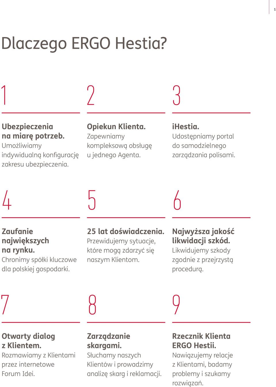 Przewidujemy sytuacje, które mogą zdarzyć się naszym Klientom. Najwyższa jakość likwidacji szkód. Likwidujemy szkody zgodnie z przejrzystą procedurą. 7 8 9 Otwarty dialog z Klientem.