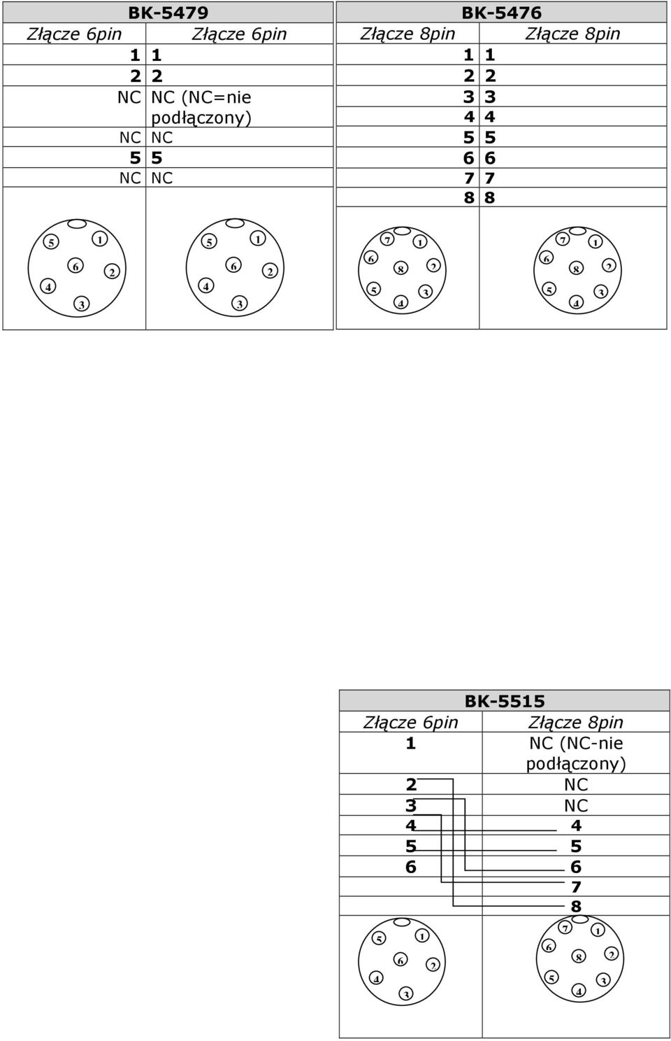 1 2 4 5 6 1 2 6 5 7 1 8 2 4 6 5 7 1 8 2 4 BK-5515 Złącze 6pin Złącze 8pin