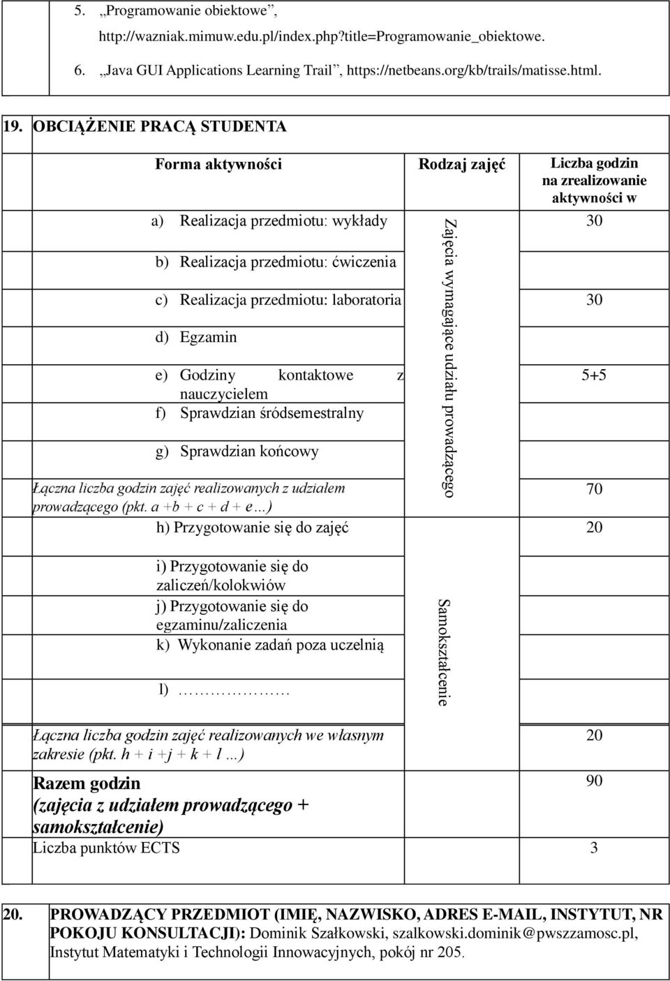 OBCIĄŻENIE PRACĄ STUDENTA Forma aktywności a) Realizacja przedmiotu: wykłady Rodzaj zajęć Liczba godzin na zrealizowanie aktywności w semestrze 30 b) Realizacja przedmiotu: ćwiczenia c) Realizacja