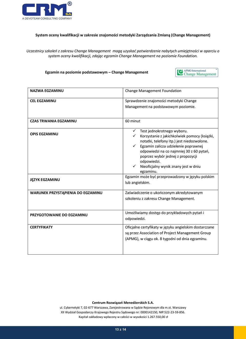 Egzamin na poziomie podstawowym Change Management Change Management Foundation Sprawdzenie znajomości metodyki Change Management na podstawowym poziomie. 60 minut Test jednokrotnego wyboru.