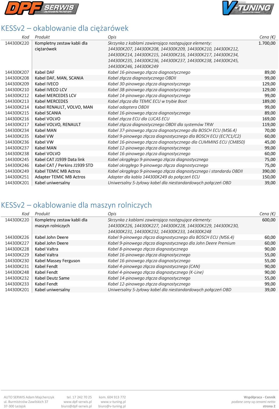 diagnostycznego 89,00 144300K208 Kabel DAF, MAN, SCANIA Kabel złącza diagnostycznego OBDII 99,00 144300K209 Kabel IVECO Kabel 30-pinowego złącza diagnostycznego 129,00 144300K210 Kabel IVECO LCV