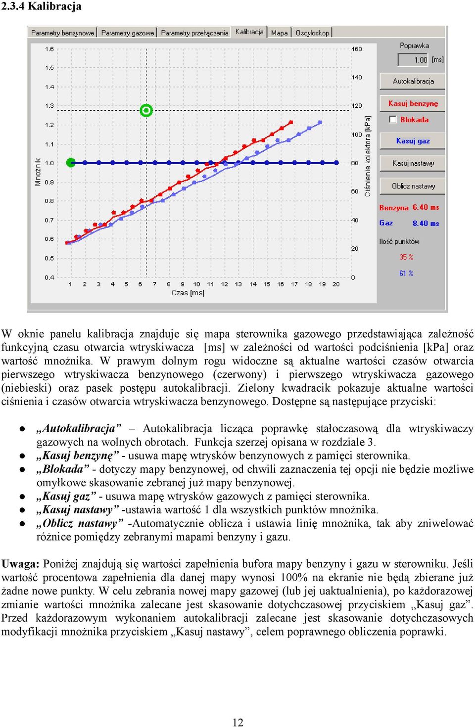 W prawym dolnym rogu widoczne są aktualne wartości czasów otwarcia pierwszego wtryskiwacza benzynowego (czerwony) i pierwszego wtryskiwacza gazowego (niebieski) oraz pasek postępu autokalibracji.