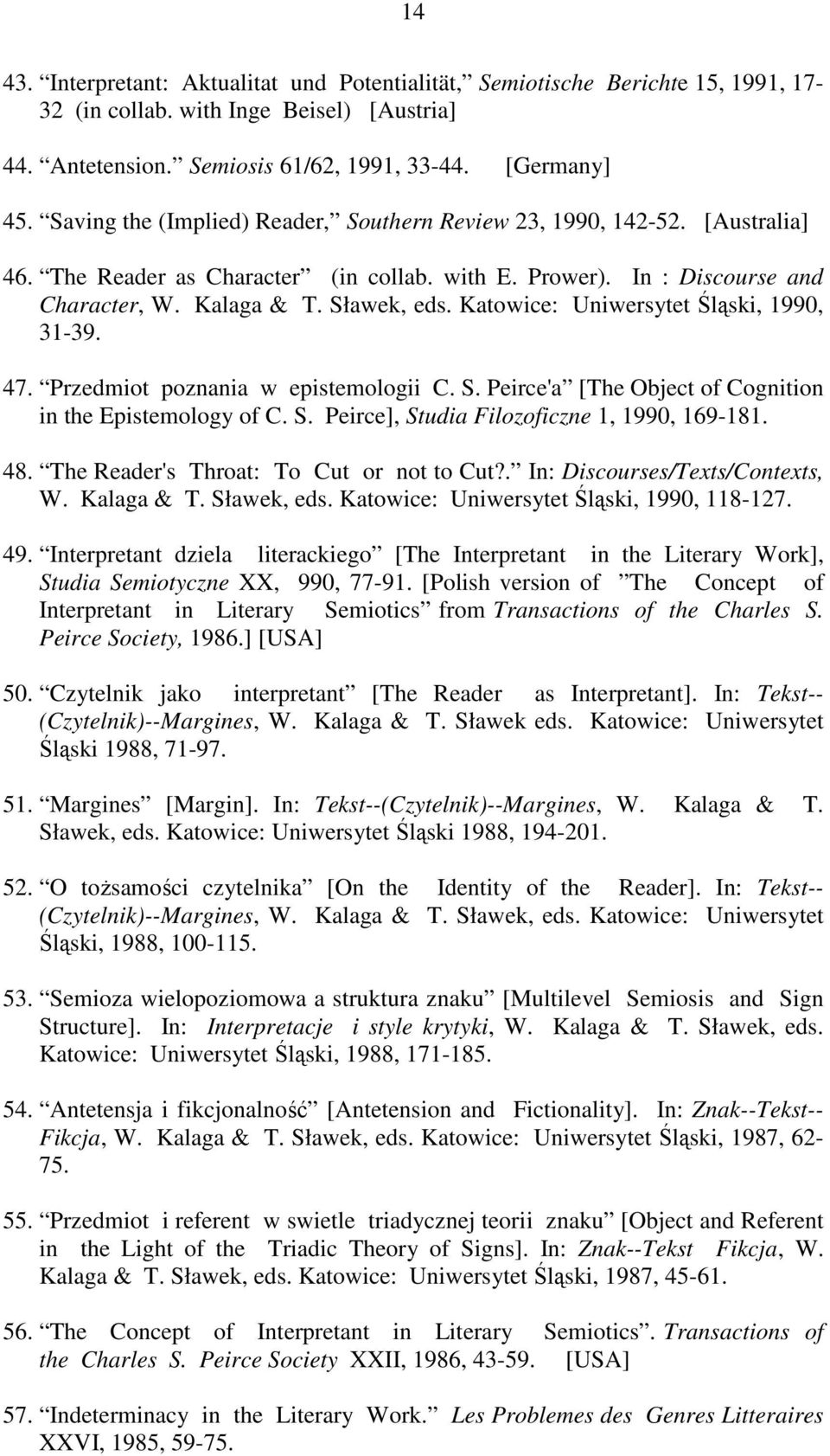 Katowice: Uniwersytet Śląski, 1990, 31-39. 47. Przedmiot poznania w epistemologii C. S. Peirce'a [The Object of Cognition in the Epistemology of C. S. Peirce], Studia Filozoficzne 1, 1990, 169-181.