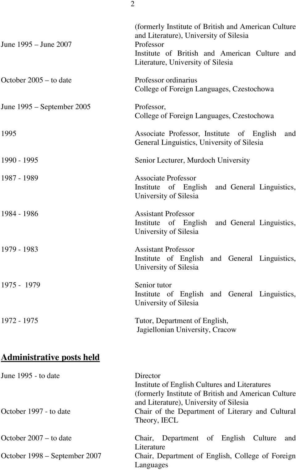 Institute of English and General Linguistics, University of Silesia 1990-1995 Senior Lecturer, Murdoch University 1987-1989 Associate Professor Institute of English and General Linguistics,