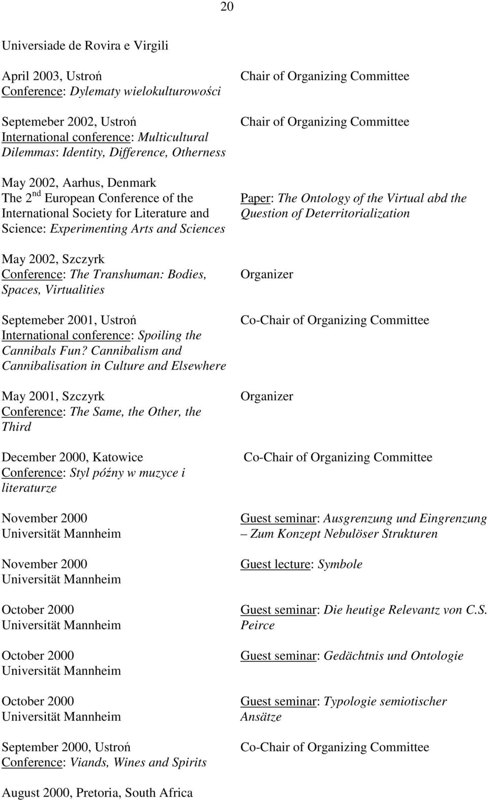 Spaces, Virtualities Septemeber 2001, Ustroń International conference: Spoiling the Cannibals Fun?