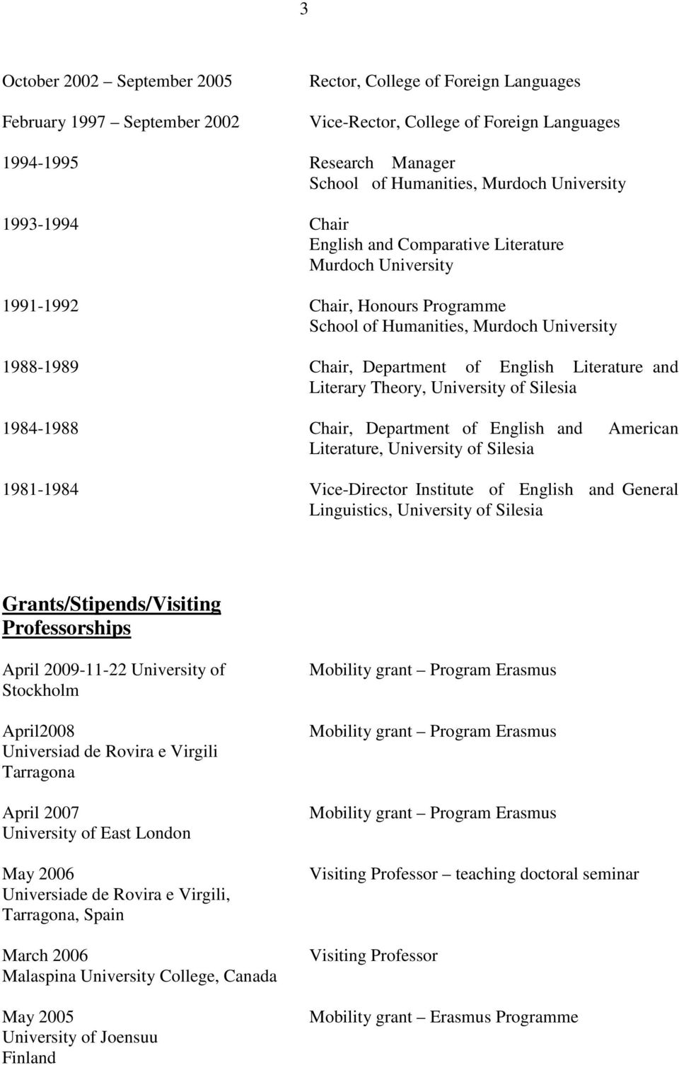 Literature and Literary Theory, University of Silesia 1984-1988 Chair, Department of English and American Literature, University of Silesia 1981-1984 Vice-Director Institute of English and General