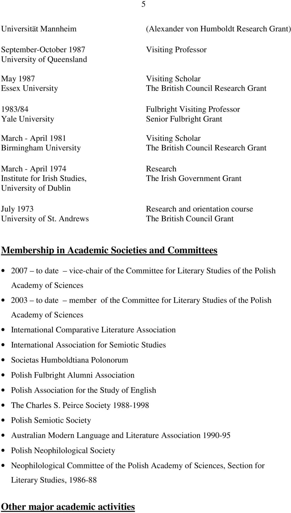 Andrews (Alexander von Humboldt Research Grant) Visiting Professor Visiting Scholar The British Council Research Grant Fulbright Visiting Professor Senior Fulbright Grant Visiting Scholar The British
