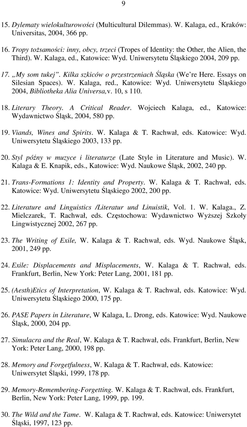 Kilka szkiców o przestrzeniach Śląska (We re Here. Essays on Silesian Spaces). W. Kalaga, red., Katowice: Wyd. Uniwersytetu Śląskiego 2004, Bibliotheka Alia Universa,v. 10, s 110. 18. Literary Theory.