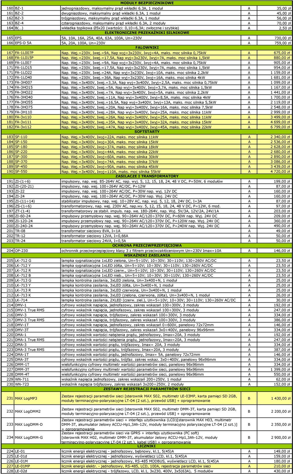 3A, 2 moduły A 70,00 zł 164 ( ) wkładka topikowa Ø5x20 (wartości: 0,10 6,3A; zwłoczne i szybkie) A 2,50 zł ELEKTRONICZNE PRZEKAŹNIKI SILNIKOWE 165 EPS 5A, 10A, 16A, 25A, 40A, 63A, 100A, Un=230V A