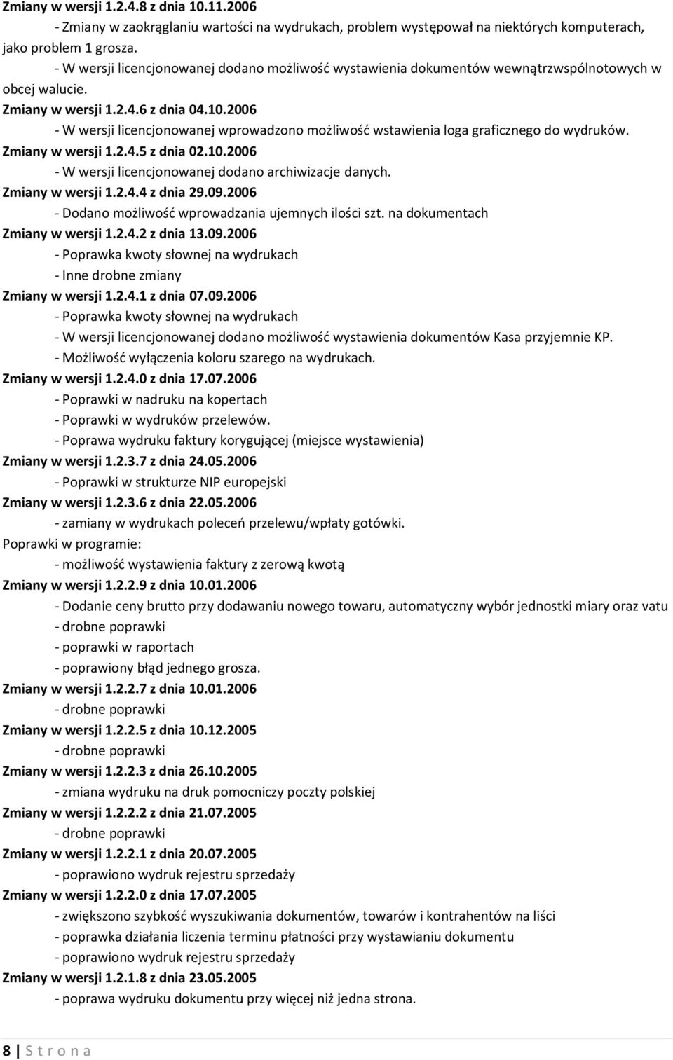 2006 - W wersji licencjonowanej wprowadzono możliwość wstawienia loga graficznego do wydruków. Zmiany w wersji 1.2.4.5 z dnia 02.10.2006 - W wersji licencjonowanej dodano archiwizacje danych.