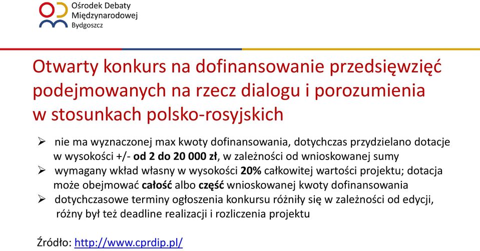własny w wysokości 20% całkowitej wartości projektu; dotacja może obejmować całość albo część wnioskowanej kwoty dofinansowania dotychczasowe