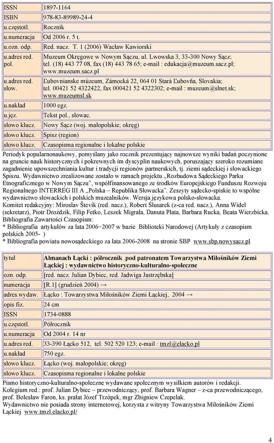 00421 52 4322422, fax 000421 52 4322302; e-mail : muzeum@slnet.sk; www.muzeumsl.sk 1000 egz. Tekst pol., słowac. Nowy Sącz (woj.