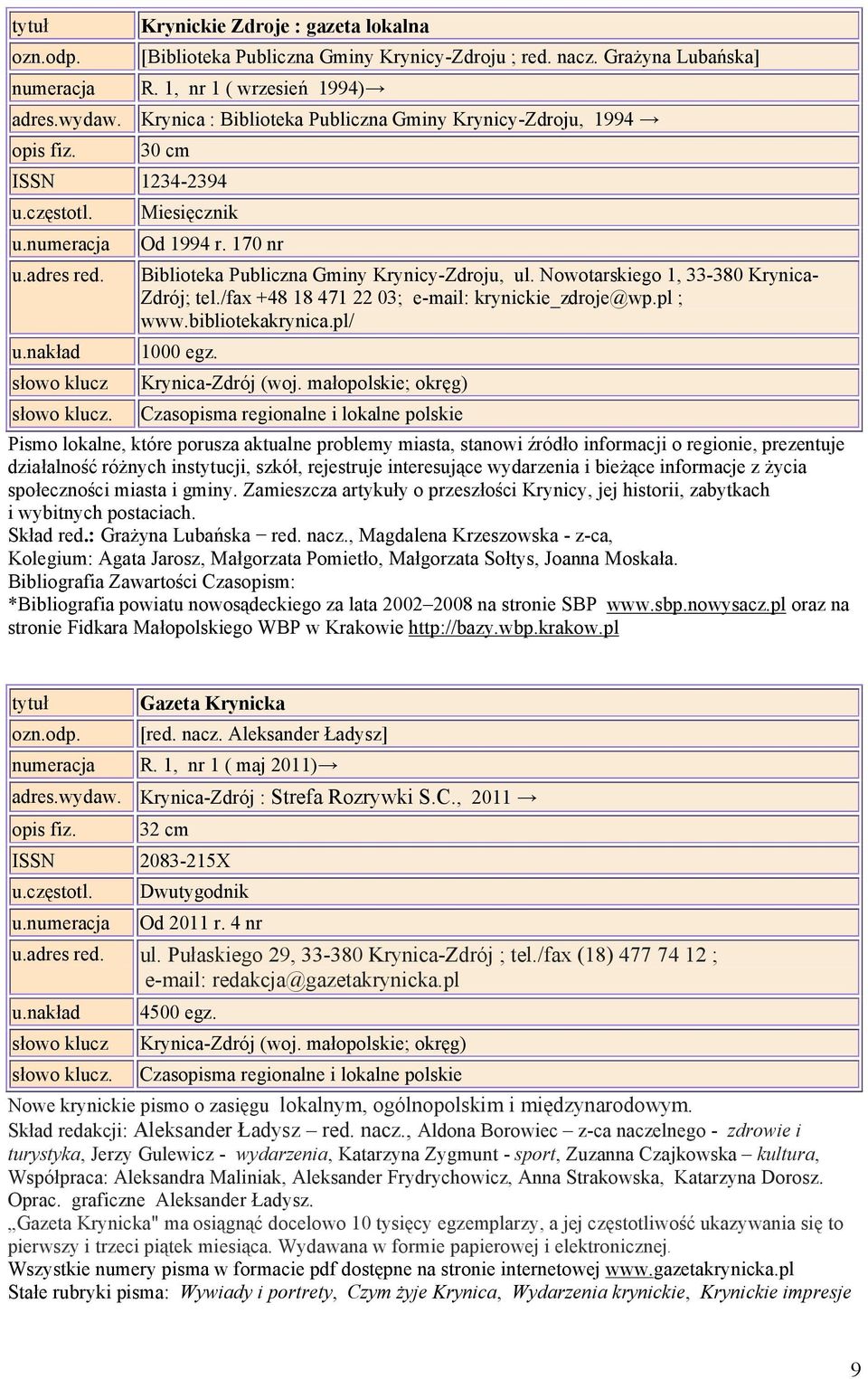 /fax +48 18 471 22 03; e-mail: krynickie_zdroje@wp.pl ; www.bibliotekakrynica.pl/ 1000 egz. Krynica-Zdrój (woj.
