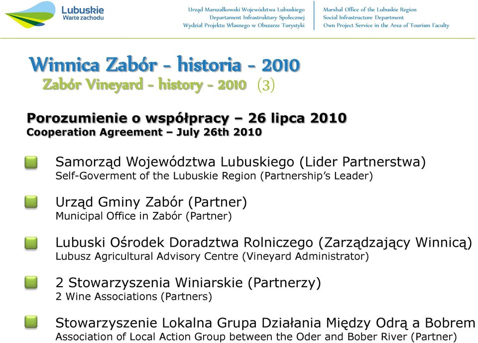 (Partner) Lubuski Ośrodek Doradztwa Rolniczego (Zarządzający Winnicą) Lubusz Agricultural Advisory Centre (Vineyard Administrator) 2 Stowarzyszenia Winiarskie