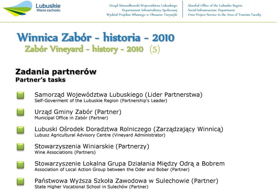 Agricultural Advisory Centre (Vineyard Administrator) Stowarzyszenia Winiarskie (Partnerzy) Wine Associations (Partners) Stowarzyszenie Lokalna Grupa Działania Między Odrą a