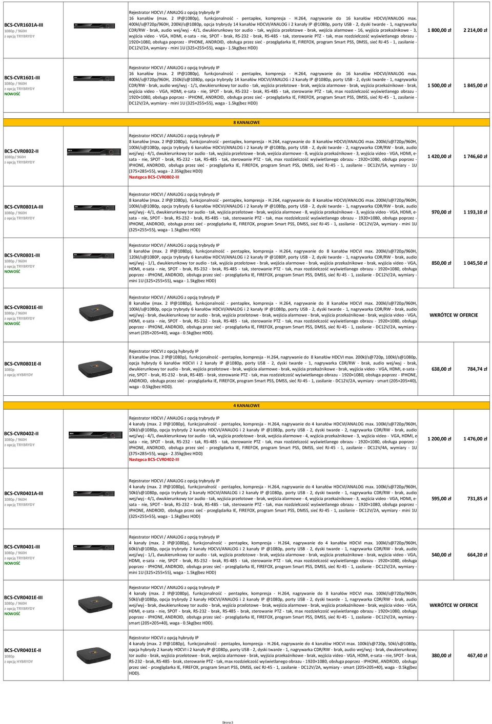 wyjścia przelotowe - brak, wejścia alarmowe - 16, wyjścia przekaźnikowe - 3, wyjścia video - VGA, HDMI, e-sata - nie, SPOT - brak, RS-232 - brak, RS-485 - tak, sterowanie PTZ - tak, max rozdzielczość