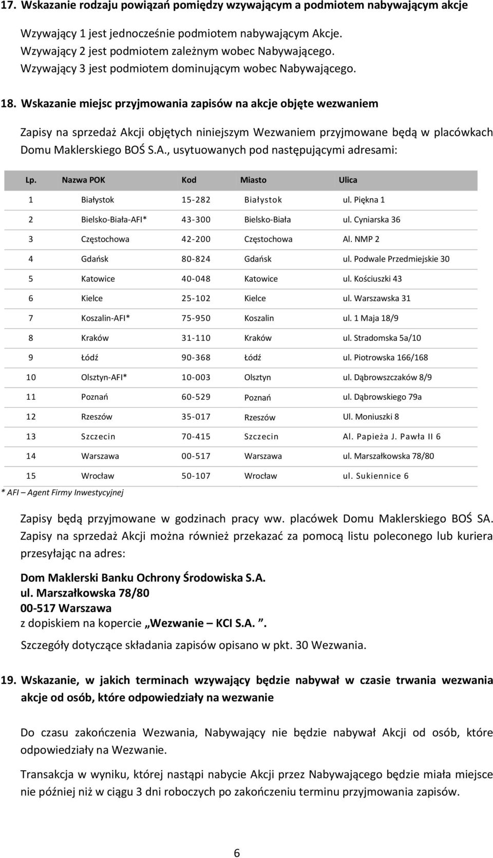 Wskazanie miejsc przyjmowania zapisów na akcje objęte wezwaniem Zapisy na sprzedaż Akcji objętych niniejszym Wezwaniem przyjmowane będą w placówkach Domu Maklerskiego BOŚ S.A., usytuowanych pod następującymi adresami: Lp.