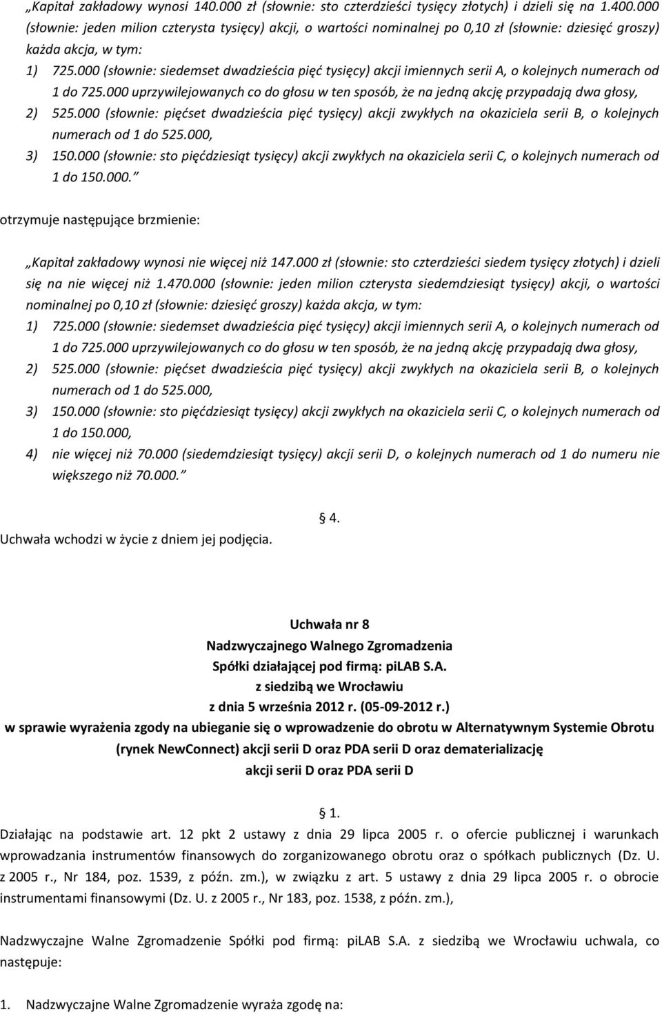 000 (słownie: siedemset dwadzieścia pięć tysięcy) akcji imiennych serii A, o kolejnych numerach od 1 do 725.