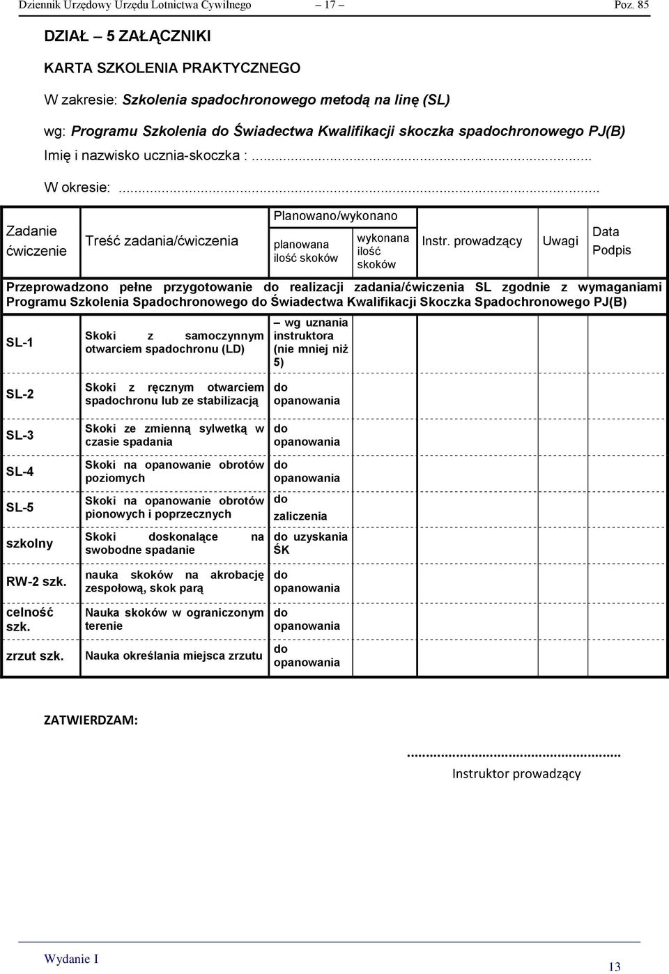 nazwisko ucznia-skoczka :... W okresie:... Zadanie ćwiczenie Treść zadania/ćwiczenia Planowano/wykonano planowana ilość skoków wykonana ilość skoków Instr.