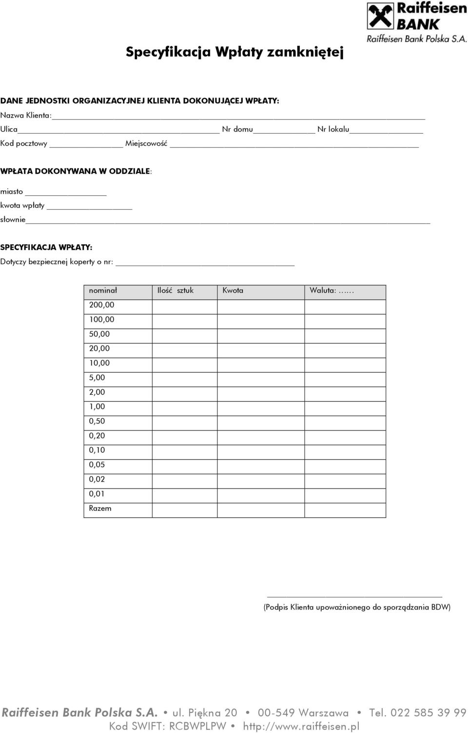 SPECYFIKACJA WPŁATY: Dotyczy bezpiecznej koperty o nr: nominał Ilość sztuk Kwota Waluta: 200,00 100,00 50,00