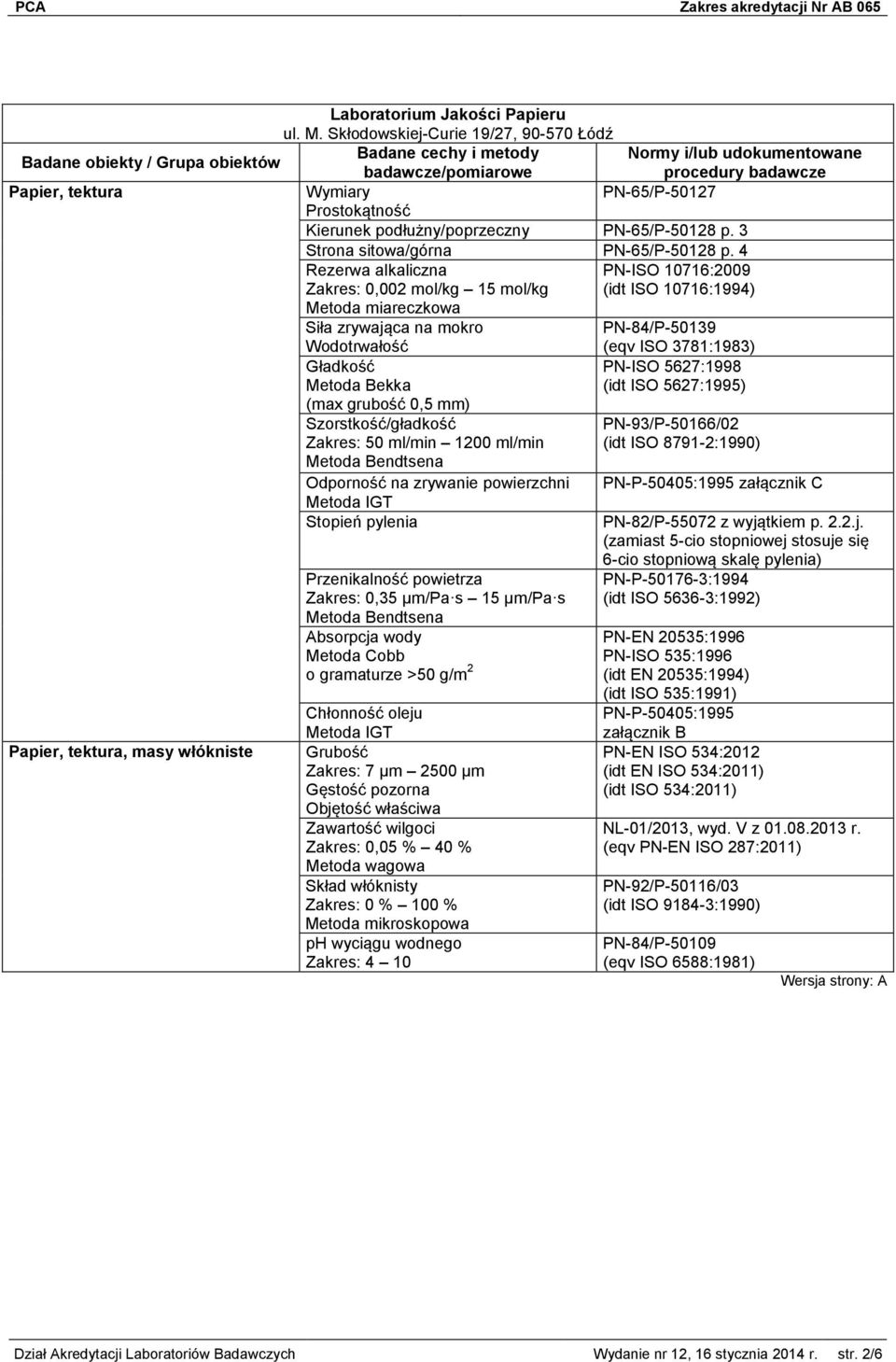 4 Rezerwa alkaliczna Zakres: 0,002 mol/kg 15 mol/kg PN-ISO 10716:2009 (idt ISO 10716:1994) Metoda miareczkowa Siła zrywająca na mokro PN-84/P-50139 Papier, tektura, masy włókniste Wodotrwałość