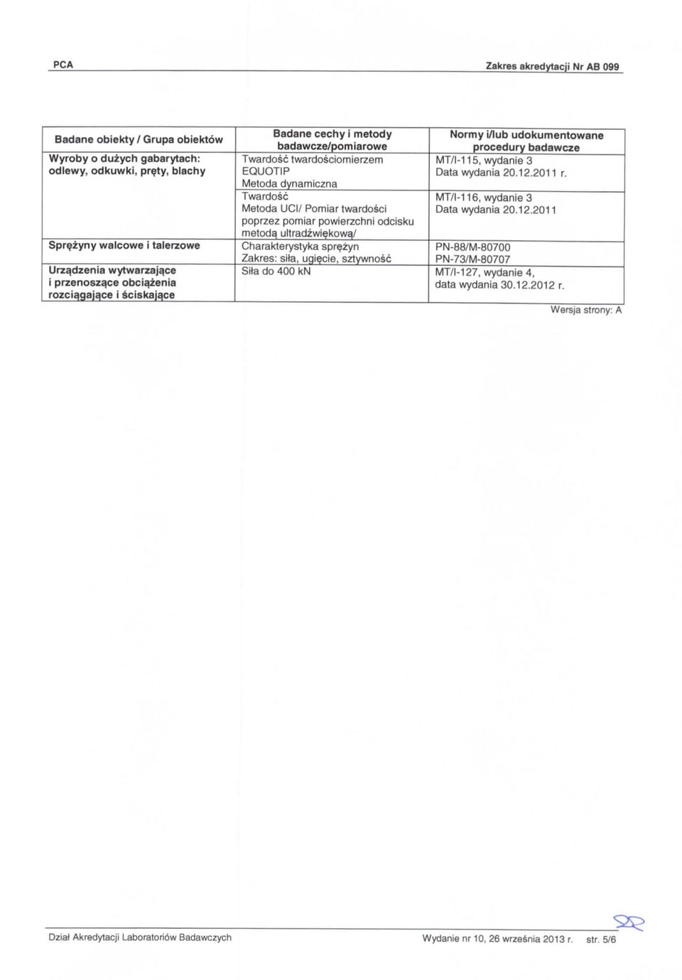 metoda, ultradzwiekowa/ Charakterystyka sprezyn Zakres: si+a, ugi^cie, sztywnosc Stta do 400 kn MT/l-115, wydanies Data wydania 20. 12.2011 r.