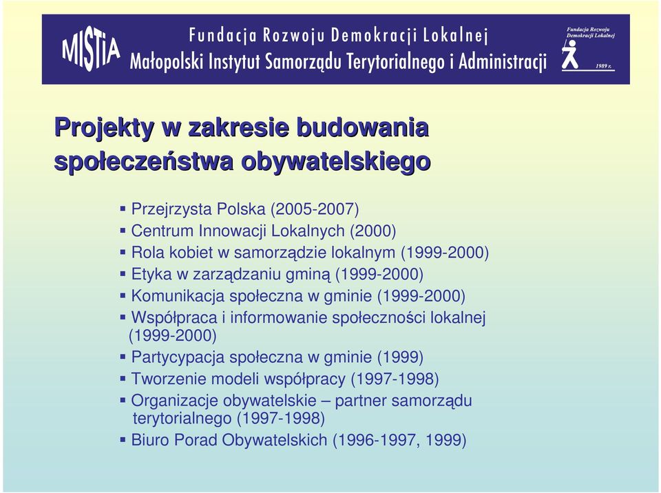 (1999-2000) Współpraca i informowanie społeczności lokalnej (1999-2000) Partycypacja społeczna w gminie (1999) Tworzenie modeli