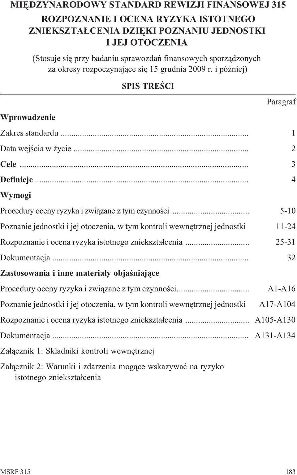 .. 4 Wymogi Procedury oceny ryzyka i zwi¹zane z tym czynnoœci... 5-10 Poznanie jednostki i jej otoczenia, w tym kontroli wewnêtrznej jednostki 11-24 Rozpoznanie i ocena ryzyka istotnego zniekszta³cenia.