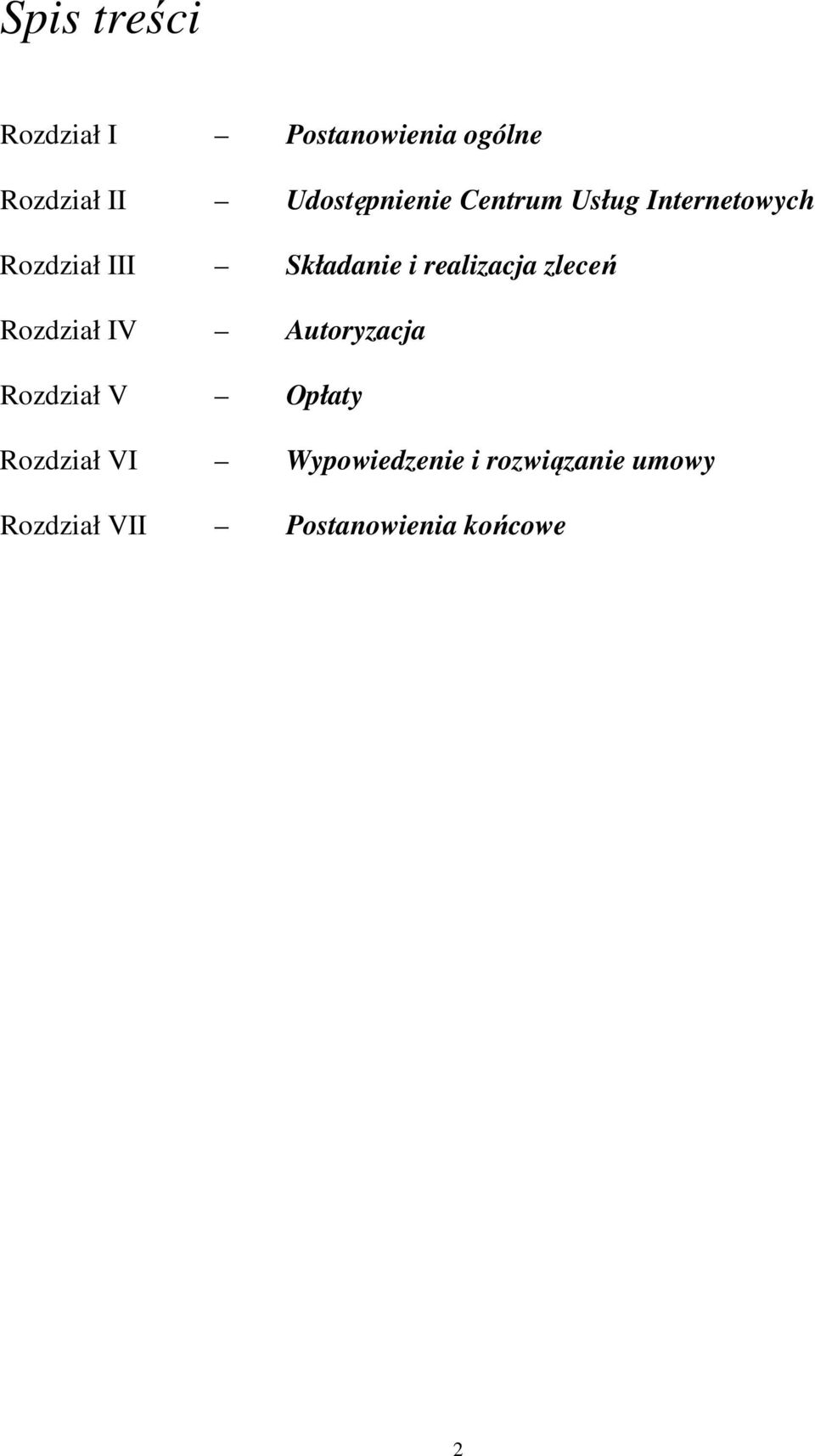 realizacja zleceń Rozdział IV Autoryzacja Rozdział V Opłaty