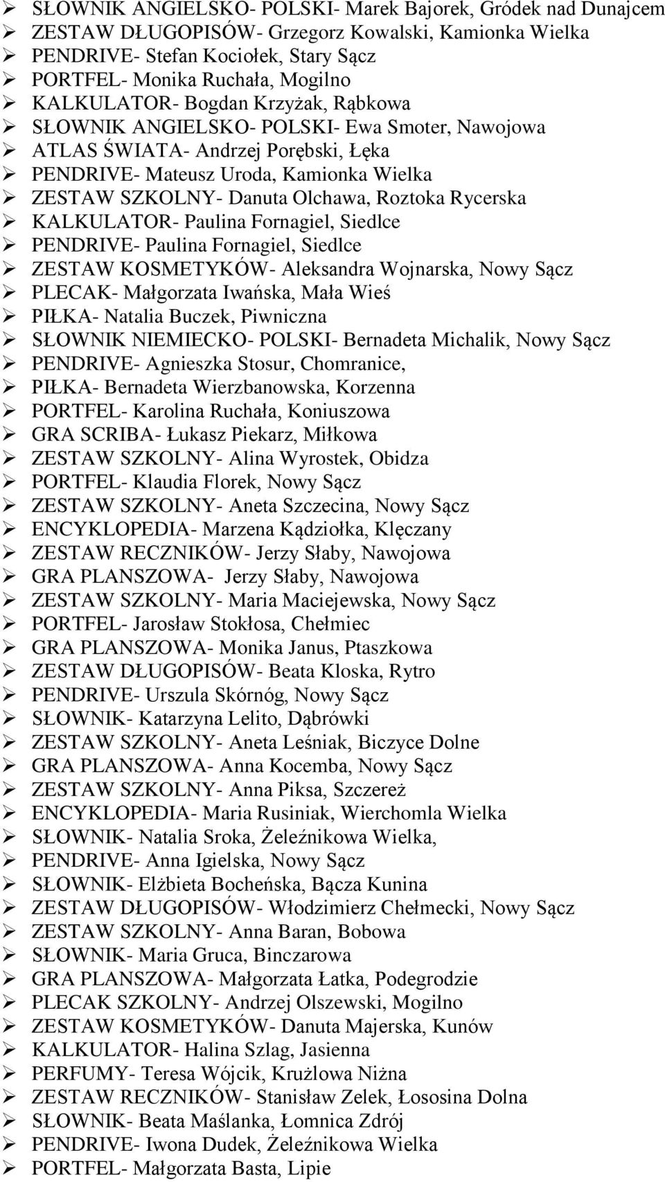 KALKULATOR- Paulina Fornagiel, Siedlce PENDRIVE- Paulina Fornagiel, Siedlce ZESTAW KOSMETYKÓW- Aleksandra Wojnarska, Nowy Sącz PLECAK- Małgorzata Iwańska, Mała Wieś PIŁKA- Natalia Buczek, Piwniczna