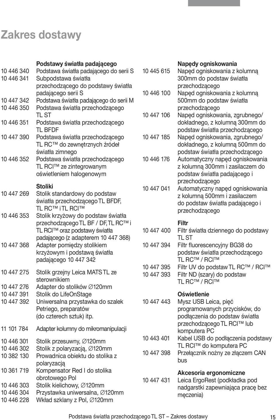 źródeł światła zimnego 10 446 352 Podstawa światła przechodzącego TL RCI ze zintegrowanym oświetleniem halogenowym Stoliki 10 447 269 Stolik standardowy do podstaw światła przechodzącego TL BFDF, TL