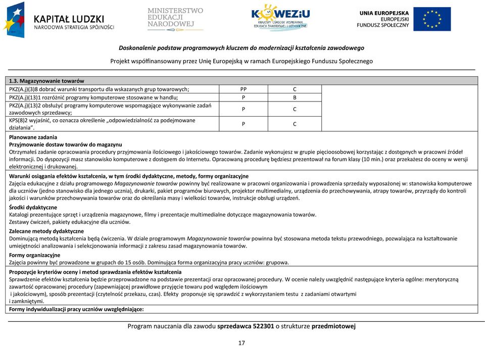 j)(13)2 obsłużyć programy komputerowe wspomagające wykonywanie zadań zawodowych sprzedawcy; KS(8)2 wyjaśnić, co oznacza określenie odpowiedzialność za podejmowane działania.
