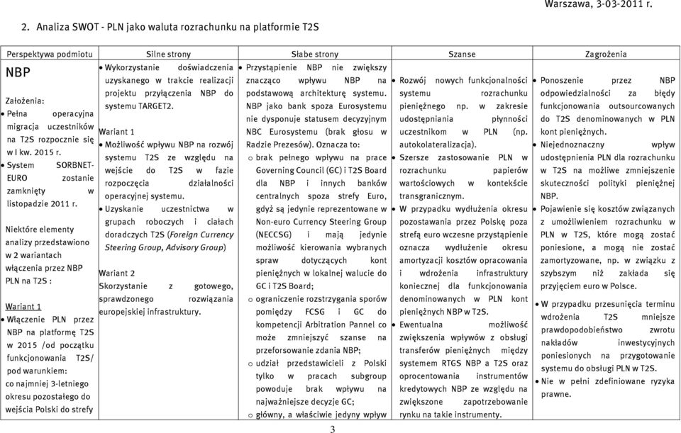 NBP jako bank spoza Eurosystemu Pełna operacyjna nie dysponuje statusem decyzyjnym migracja uczestników Wariant 1 NBC Eurosystemu (brak głosu w na T2S rozpocznie się Możliwość wpływu NBP na rozwój