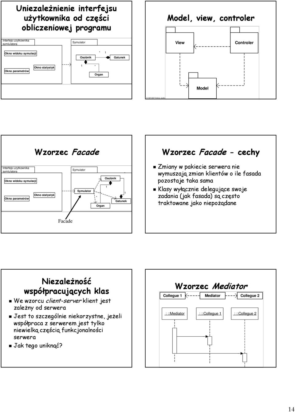 Wyłącznie dla użytku studentów Politechniki Poznańskiej, kierunek Informatyka Wzorzec Facade Wzorzec Facade - cechy Interfejs uzytkownika symlulatora Okno widoku symulacji Okno parametrów Okno