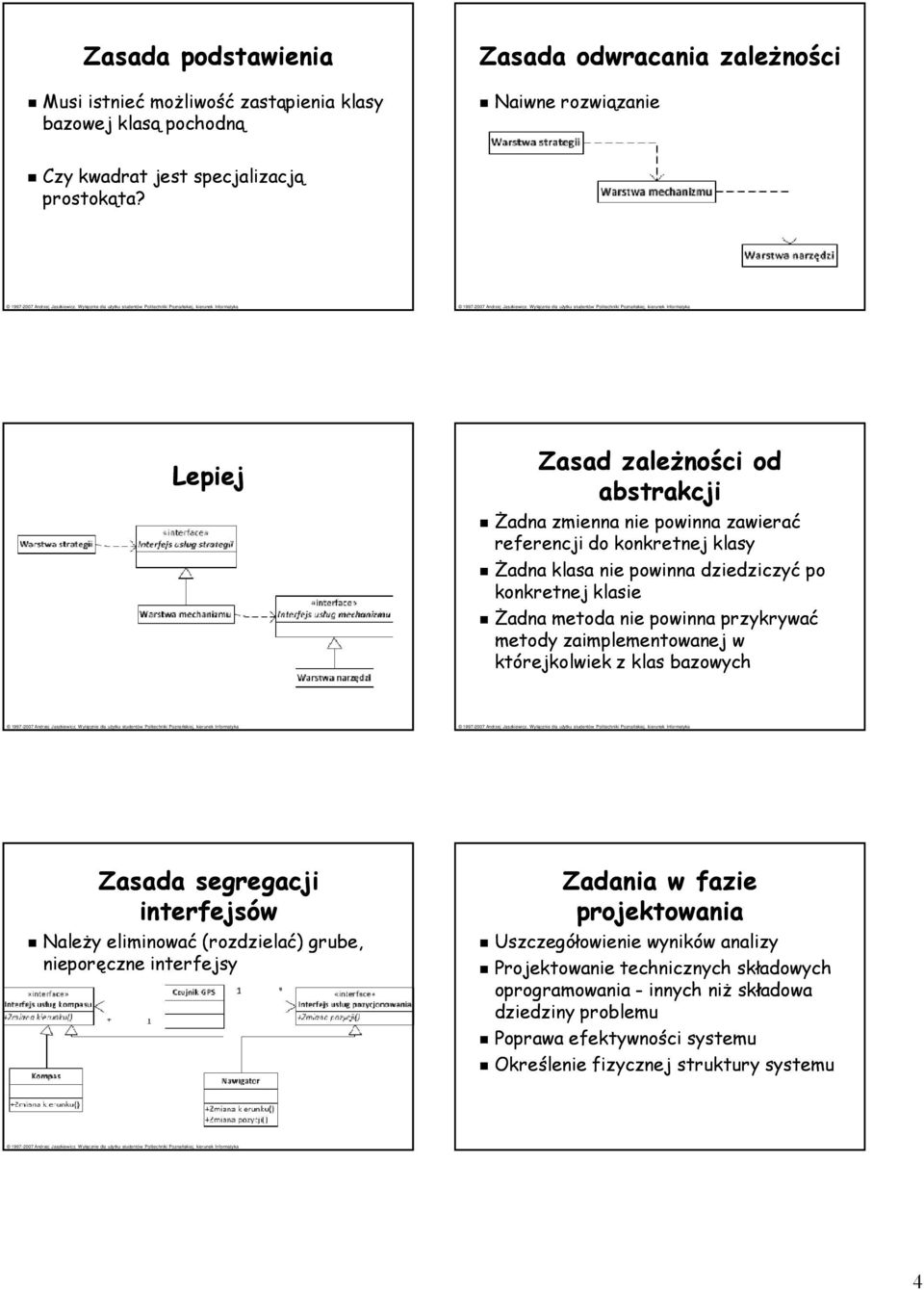 Wyłącznie dla użytku studentów Politechniki Poznańskiej, kierunek Informatyka Lepiej Zasad zależności od abstrakcji Żadna zmienna nie powinna zawierać referencji do konkretnej klasy Żadna klasa nie