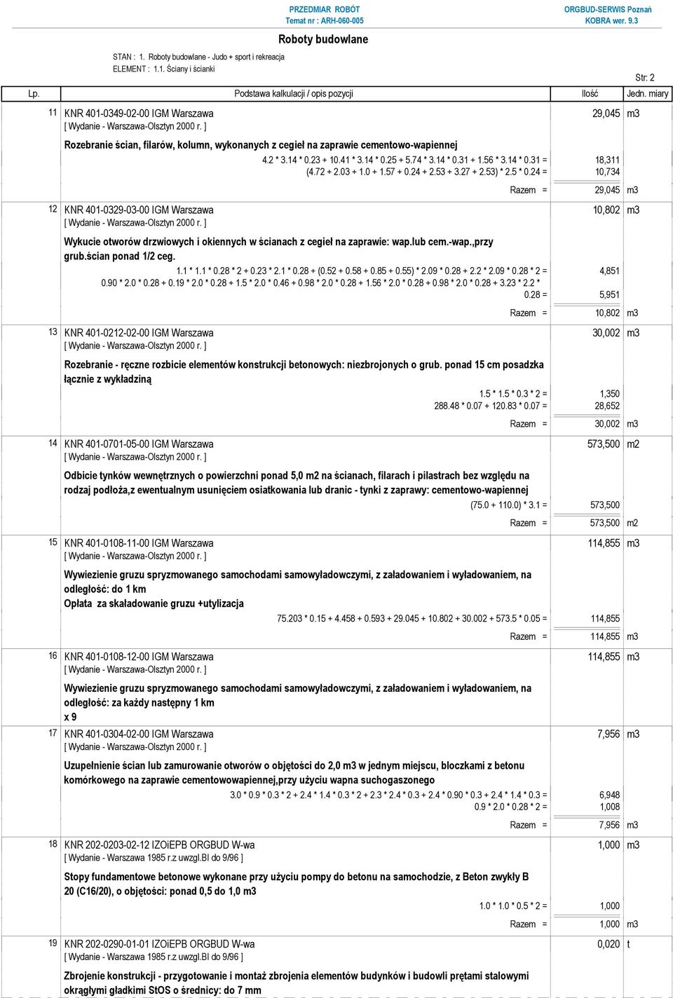 24 = 10,734 Razem = 29,045 m3 12 KNR 401-0329-03-00 IGM Warszawa 10,802 m3 Wykucie otworów drzwiowych i okiennych w ścianach z cegieł na zaprawie: wap.lub cem.-wap.,przy grub.ścian ponad 1/2 ceg. 1.1 * 1.