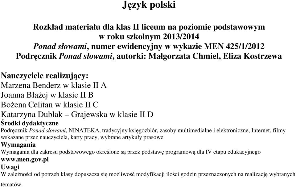 Podręcznik Ponad słowami, NINATEKA, tradycyjny księgozbiór, zasoby multimedialne i elektroniczne, Internet, filmy wskazane przez nauczyciela, karty pracy, wybrane artykuły prasowe Wymagania Wymagania