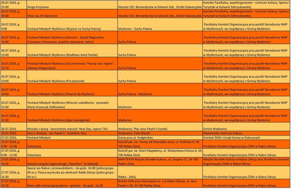 , Dróżki Kalwaryjskie 9:00 Festiwal Młodych Myślenice (Wyjście na Suchą Polanę) Myślenice - Sucha Polana 11:00 Festiwal Młodych Myślenice (Koncert - Zespół Regionalny Cyrniawa z Krzeczowa, wspólne