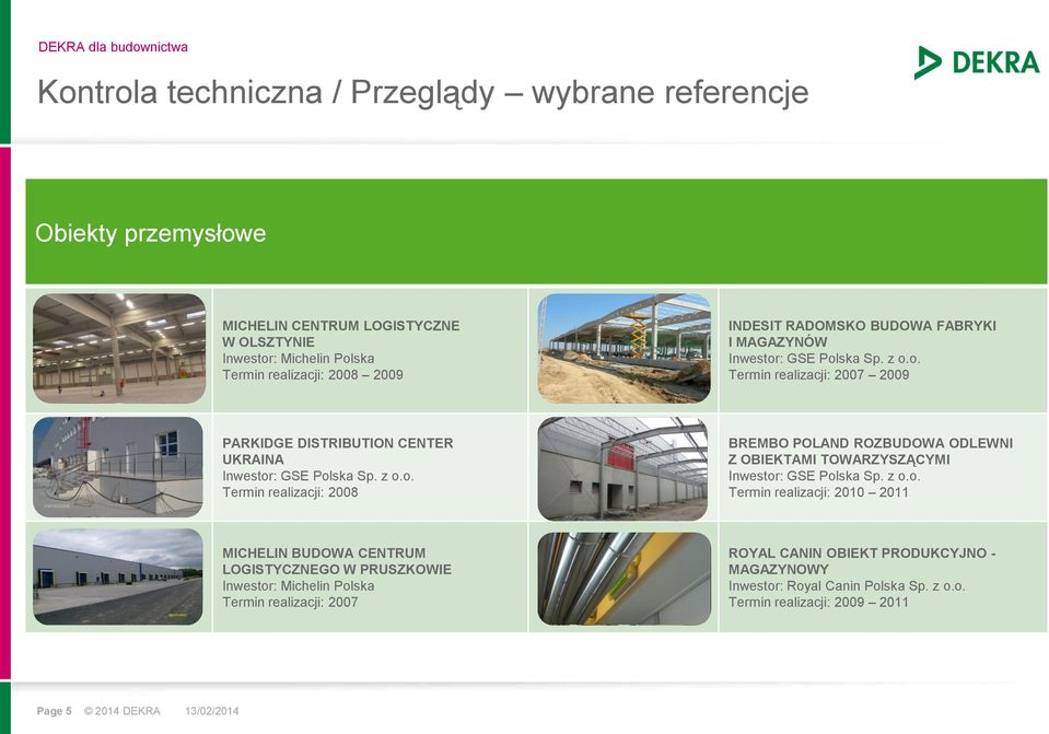 z o.o. Termin realizacji: 2010 2011 MICHELIN BUDOWA CENTRUM LOGISTYCZNEGO W PRUSZKOWIE Termin realizacji: 2007 ROYAL CANIN OBIEKT PRODUKCYJNO - MAGAZYNOWY