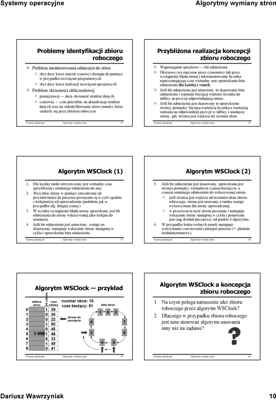 zidenyfikowanie sron (ramek), kóre znalazły się poza zbiorem roboczym Sysemy operacyjne Algorymy wymiany sron Przybliżona realizacja koncepcji zbioru roboczego Wspomaganie sprzęowe bi odniesienia.