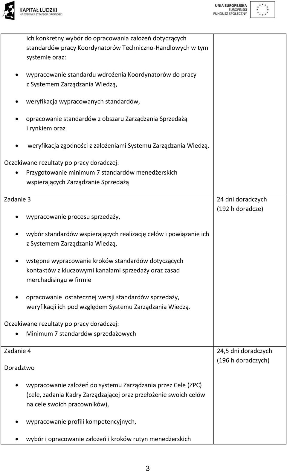 Przygotowanie minimum 7 standardów menedżerskich wspierających Zarządzanie Sprzedażą Zadanie 3 wypracowanie procesu sprzedaży, 24 dni doradczych (192 h doradcze) wybór standardów wspierających